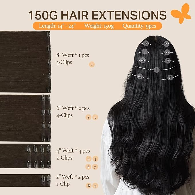 DOORES Clip in Hair Extensions, Dark Brown 150g 9pcs 24 Inch, Remy Hair Extensions Clip in Human Hair Natural Hair Extensions Extensions for Women Clip in Thick Silky Straight Hair Extensions