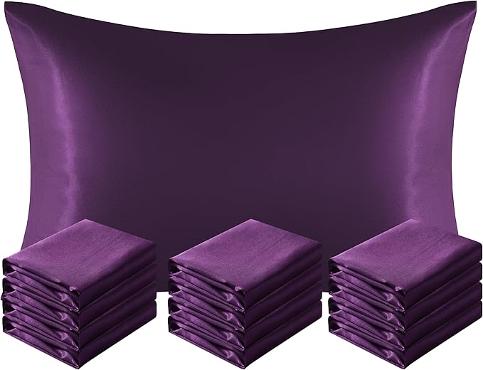 NTBAY 12 Pack Satin King Pillowcases for Hair and Skin, Luxurious and Silky Pillow Cases with Envelope Closure, 20 x 36 Inches, Eggplant Purple