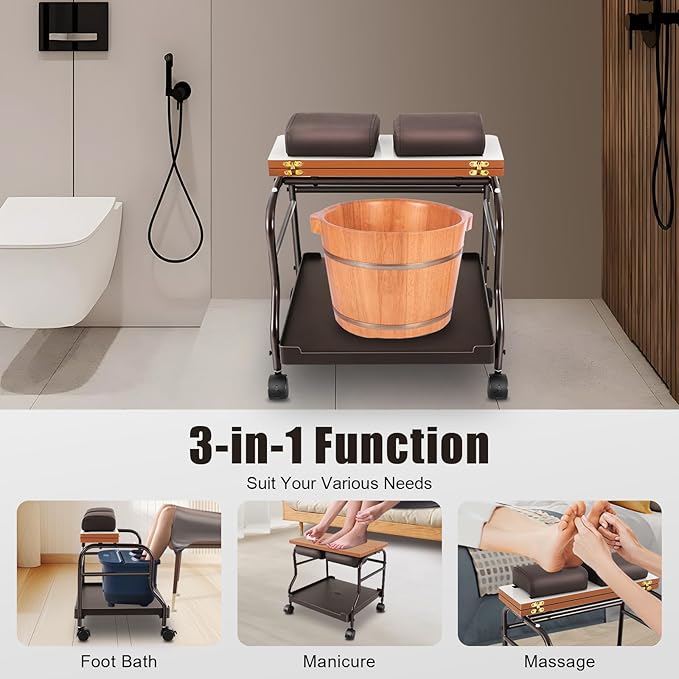 Beauty Salon Nail or Foot Bath Spa, 2Tier Portable Esthetician Trolley Cart Pedicure Manicure Funiture Massage Table Salon Supplies with 4 Wheels for Foot Rest, Hair Salons, Home (Coffee)