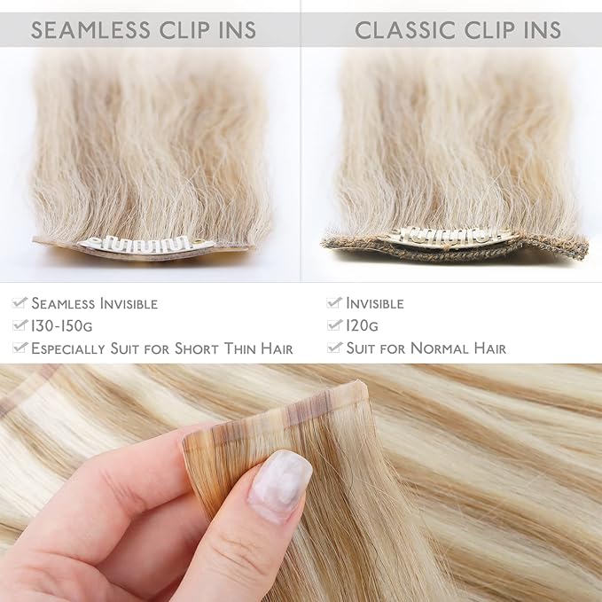 WENNALIFE Seamless Clip In Hair Extensions, 18 Inch 130g 7pcs Dirty Blonde Highlighted Bleach Blonde Hair Extensions Clip in Human Hair Invisible PU Skin Weft Natural Remy Human Hair Extensions