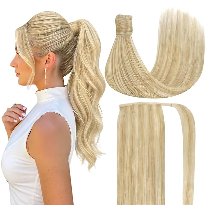 Ve Sunny Hair Extensions Ponytail Real Human Hair Wrap Around Clip in Ponytail Hair Extensions Straight Extensions Human Hair for Women Strawberry Honey Blonde Highlights Bleach Blonde 20inch 80G