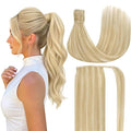 Ve Sunny Hair Extensions Ponytail Real Human Hair Wrap Around Clip in Ponytail Hair Extensions Straight Extensions Human Hair for Women Strawberry Honey Blonde Highlights Bleach Blonde 18inch 80G