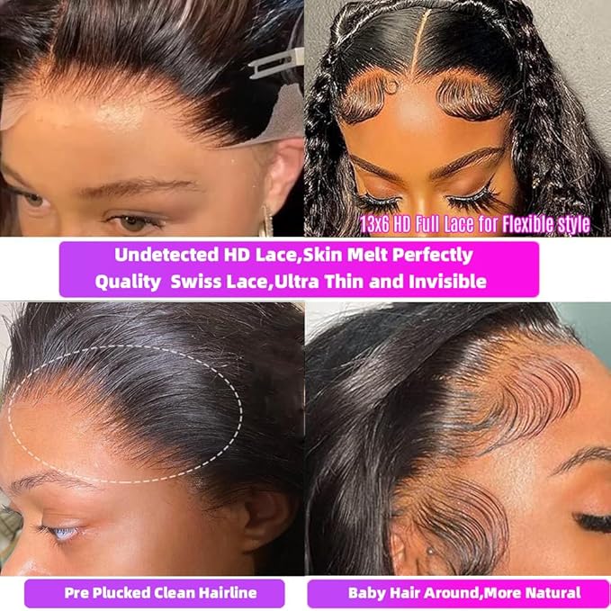 32 Inch 13x6 Body Wave Lace Front Wigs Human Hair 200 Density HD Lace Front Wigs Pre Plucked Brazilian Virgin Human Hair Wigs for Women Glueless Frontal Wigs Human Hair Natural Black Body Wave Wig