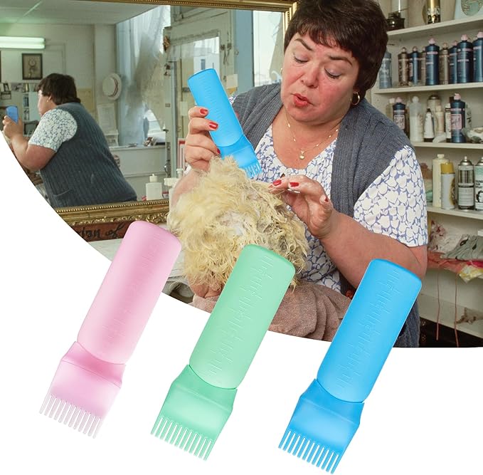 Cosywell 3 Pack Root Comb Applicator Bottle 6 Ounce Hair Oil Bottle Hair Dye Applicator Brush for Hair Root Comb Color with Graduated Scale(Pink Blue Green)