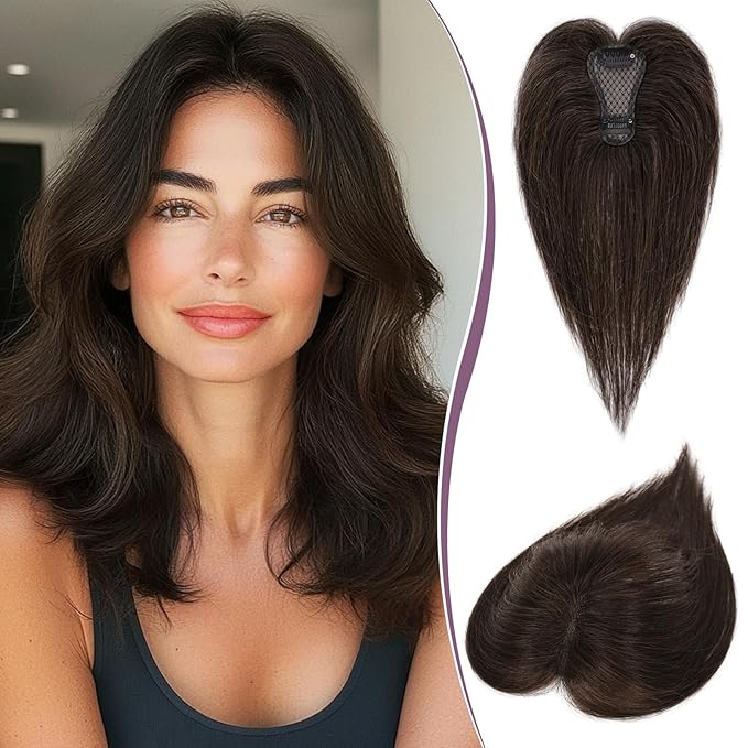 RUWISS Hair Toppers for Women Real Human Hair Lightweight Dark Brown with 15% Dark Cocoa Blonde Clip in Hair Piece for Thinning Hair Fluffy Straight Hair Topper without Bangs