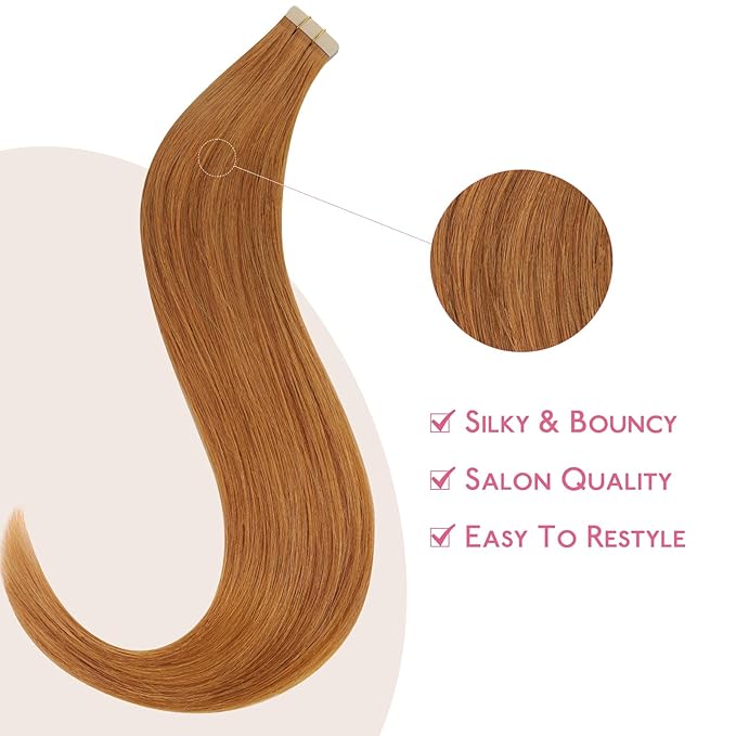 WENNALIFE Tape in Hair Extensions Human Hair Auburn Ginger Tape in Extensions, 10pcs 20g 12 inch Remy Invisible Tape Ins Straight Colored Soft Real Human Hair Tape in Extensions Refill Set Extensions