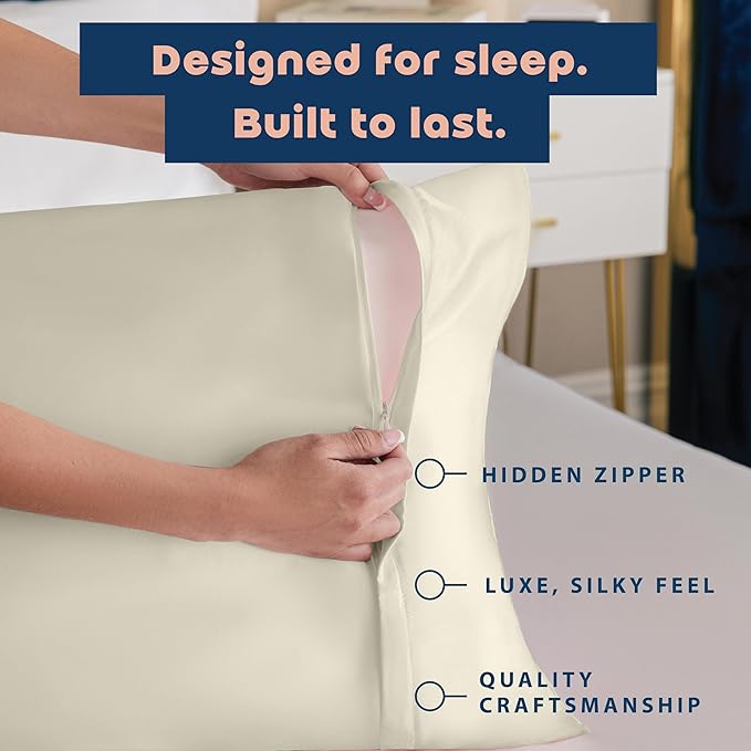 BLISSFORD Satin Pillowcase with Zipper, for Hair and Skin Care, Feels Soft and Cool Like a Silk Pillowcase, Satin Pillow Cases 2 Pack, Slik Pillow Cover, Ivory - Queen Size, Set of 2