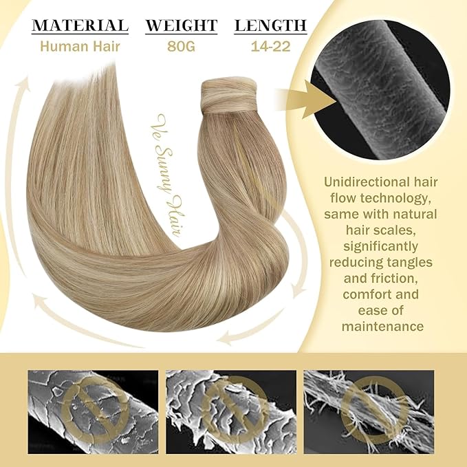Ve Sunny Hair Extensions Ponytail Real Human Hair Wrap Around Clip in Ponytail Hair Extensions Straight Extensions Human Hair for Women Dark Blonde Highlights Golden Blonde 16inch 80G