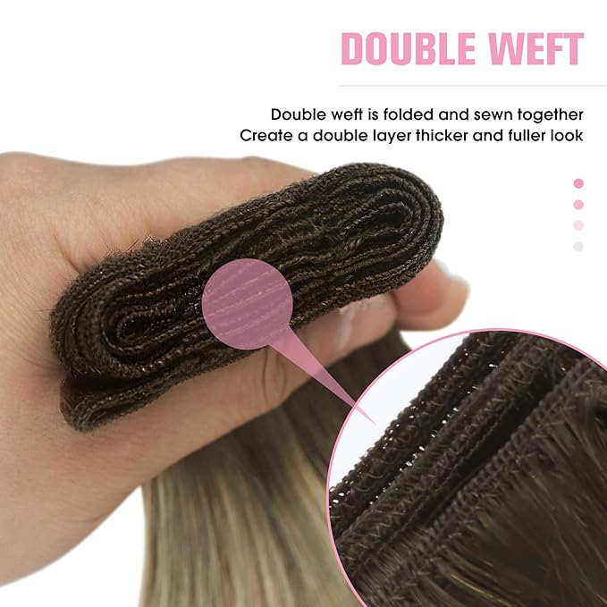 YoungSee Weft Hair Extensions Human Hair Brown Ombre Human Hair Sew in Extensions Walnut Roots to Light Brown with Blonde Balayage Weft Hair Extensions for Full Head 16Inch 100G