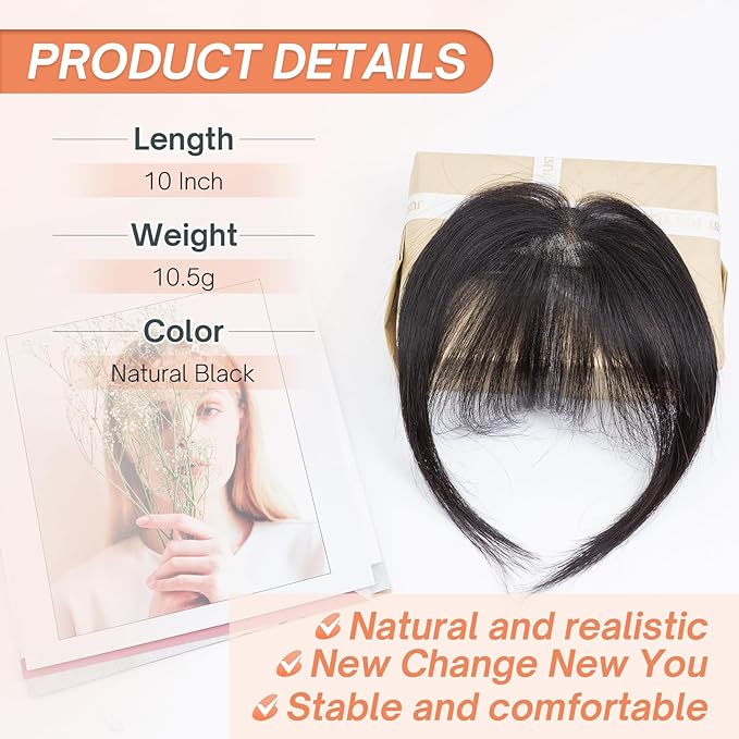 Benehair Clip on Bangs for Women Human Hair, Fake Bangs Clip Human hair, French Bangs Clip in Hair Extensions Hair Pieces with Temples for Daily Wear (Natural Black)
