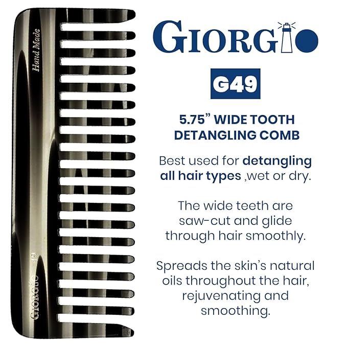 Giorgio G49 Graphite, Large Hair Detangling Comb, Wide Teeth for Thick Curly Wavy Hair. Detangler Comb For Wet and Dry. Handmade of Quality Cellulose, Saw-Cut, Hand Polished