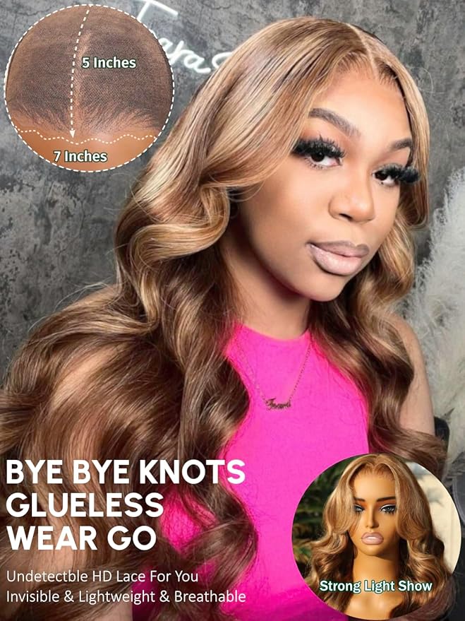 KLAIYI Bye Bye Knots Glueless Wig Highlight Blonde Body Wave Pre Cut 7x5 HD Lace Front Wigs Human Hair Pre Plucked Pre Bleached Pre Everything Wear and Go Wig 12A Ombre Brown 30S Ready To Wear 14Inch