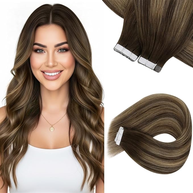 Sunny Hair Tape in Extensions for Women Real Hair 20 inch 100g Tape in Hair Extensions Human Hair Dark Brown Balayage Caramel Blonde Hair Extensions Tape in 40Pcs