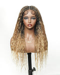 Human Hair Boho Curls Hand-Tied HD Full Lace Wig - 24" Salon-Level Small Box Synthetic Braids (121 Braids, High Density) Pre-Cut Swiss HD Lace, Pre-Plucked, Tangle-Free - 1B/27/613 Highlight