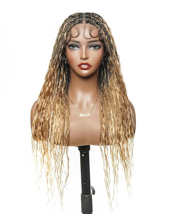 Human Hair Boho Curls Hand-Tied Full Lace Wig - 24" Small Box Braids (79 Braids) Pre-Cut Real Swiss HD Lace, Lightweight, Pre-Plucked, Knotless, Tangle-Free Boho Braided Wig | 1B/27/613