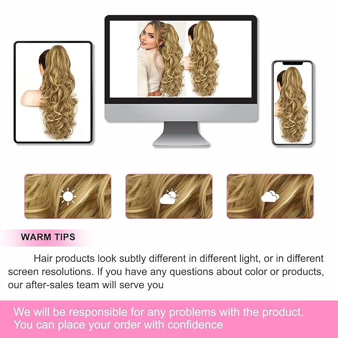 ALXNAN Ponytail Extension,24 Inch Claw Clip in Long Curly Wavy Medium Blonde with Blonde Highlights Ponytail Hair Extension Jaw Clip on Pony Tails Hairpiece for Women
