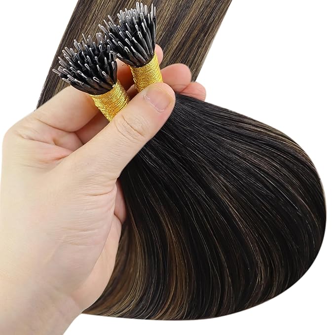 YoungSee Nano Beads Hair Extensions Human Hair Brown Nano Hair Extensions Human Hair Balayage Dark Brown Mix Medium Browns Nano-Ring Hair Extension Ombre Nano-Loop Hair 24inch for Date Nights 50s/50g