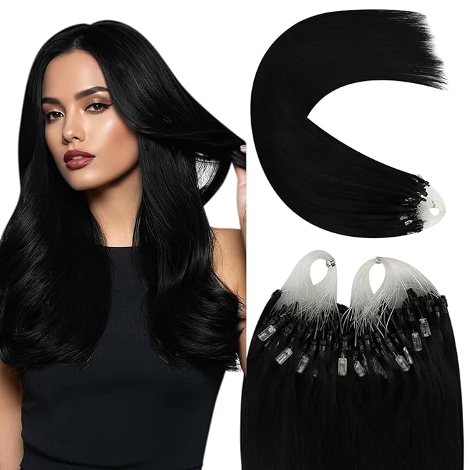 YoungSee Microlink Hair Extensions Human Hair Black Micro Bead Hair Extensions Jet Black Beaded Hair Extension Short Hair 14Inch 50s 50g Micro Ring Human Hair Extension for Adding Volume