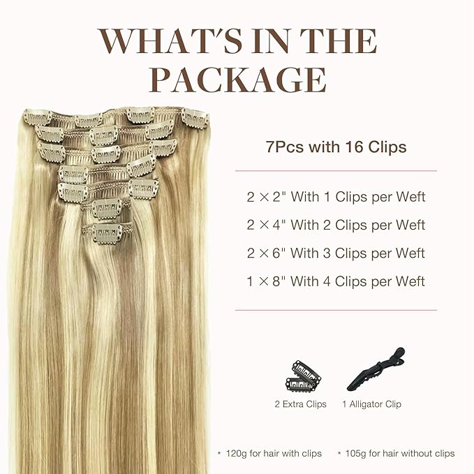 GOO GOO Clip in Hair Extensions Real Human Hair, Remy Human Hair Extensions Clip ins for Women, Natural Human Hair, 20inch 160g 7Pcs, #16/22 Light Blonde Highlighted Golden Blonde