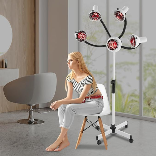 5 Head Infrared Heat Lamp, Adjusting Height Styling Perming Dryer, Salon Heat Lamp Headed Lamp with Rolling Wheels, Multifunction Infrared Lamp Hair Dryer Hair Color Processor Machine (White)