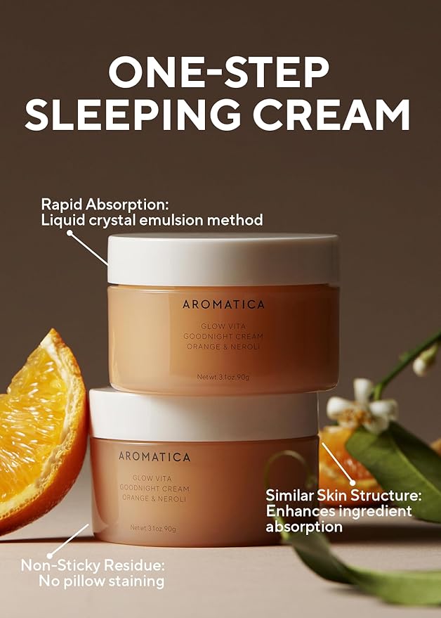 AROMATICA Glow Vita Goodnight Cream Orange & Neroli 3.1fl oz/90g - Night Cream Moisturizer For Face & Neck | Anti Aging Wrinkle Cream with Vitamin C, 5% Niacinamide