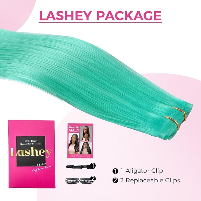 Lashey Clip in Hair Extensions Real Human Hair Green 4pcs 50g Seamless Clip in Hair Extensions Human Hair 22 Inch Long Straight Hair