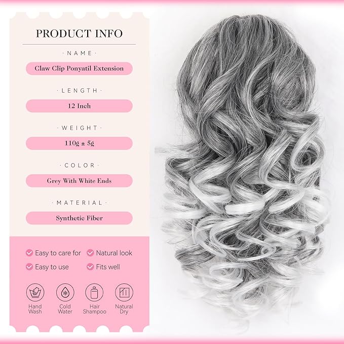 Claw Clip Ponytail Extension - 12 Inch Curly Ponytail Extension, Wavy Pony Tails Hair Extensions, Synthetic Hair Extensions Ponytail, Clip On Ponytails for Women (Color: Salt and Pepper)