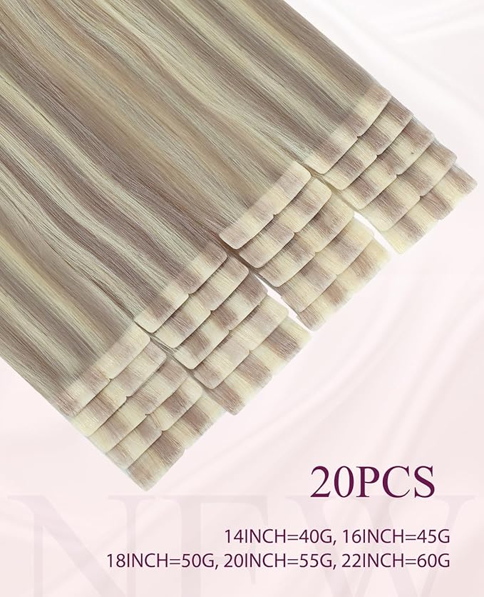 Pinkpearl Invisible Tape in Hair Extensions Human Hair, 20pcs 14inch 40g #18P60 Ash Blonde Highlighted Platinum Blonde Injection Tape in Extensions Real Remy Seamless Human Hair Injected