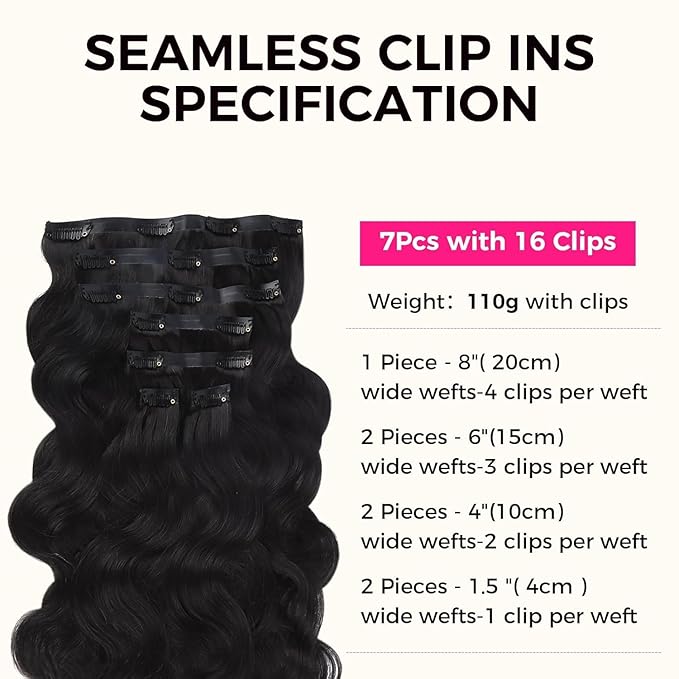 Lashey Seamless Clip in Hair Extensions Human Hair #1 Jet Black Body Wave 7pcs 110g 16 Inch Invisible PU Weft Clip in Hair Extensions for Women