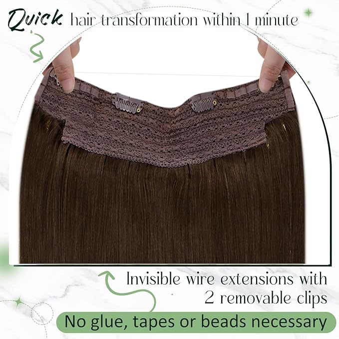 RUNATURE Invisible Wire Hair Extensions Real Human Hair Brown, 14 Inch 70g One Piece, Invisible Wire Hair Extensions Medium Brown, Straight Silky Hair, Add Hair Thickness for Women #4