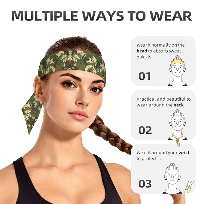 Boys Girls Green Camo Army Camouflage Sports Sweatband Multi Style Beauty Skinny Hair Band Headdress for Yoga Travel Spa