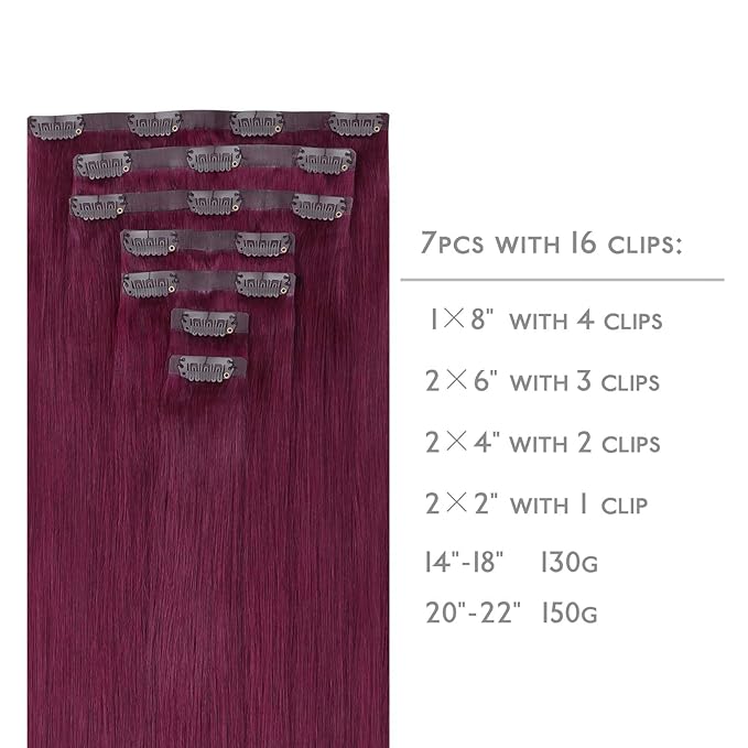 WENNALIFE Seamless Clip In Hair Extensions Human Hair, 14 Inch 130g 7pcs Light Burgundy Real Hair Extensions Clip in Human Hair Invisible PU Skin Weft Natural Remy Human Hair Extensions