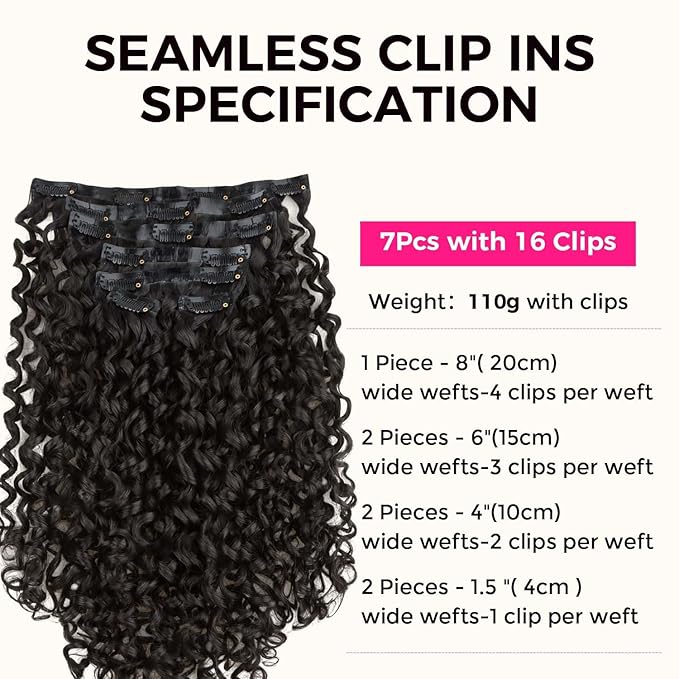 Lashey Seamless Clip in Hair Extensions Human Hair 110g 7pcs Burmese Curly Natural Black 16 Inch Clip ins Hair Extensions with Soft PU Weft for Women