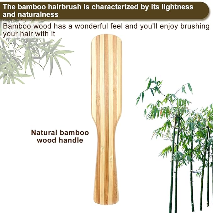 Bamboo Wood Hair Brush with Cleaning Rake for Women Men and Kids, Natural Bamboo Bristles Small Paddle Flat Hairbrush Fit All Types Hair