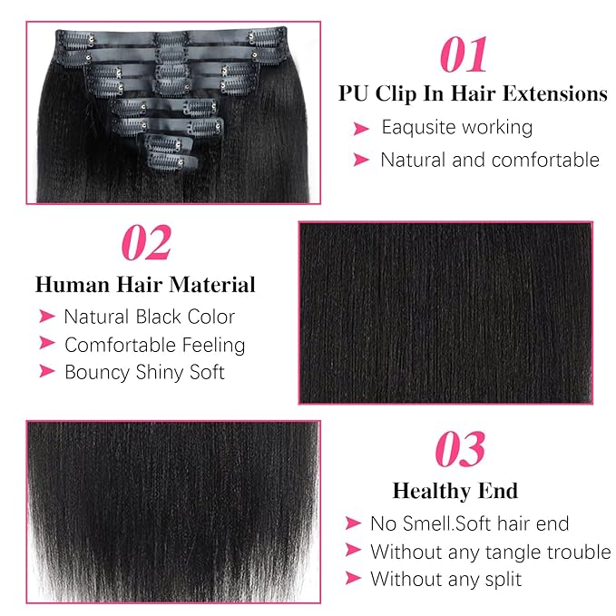 14 Inch Seamless PU Yaki-Straight Clip in Hair Extensions Real Human Hair For Women Affordable Invisible Yaki Straight Clip ins Hair (14inch,#1B)