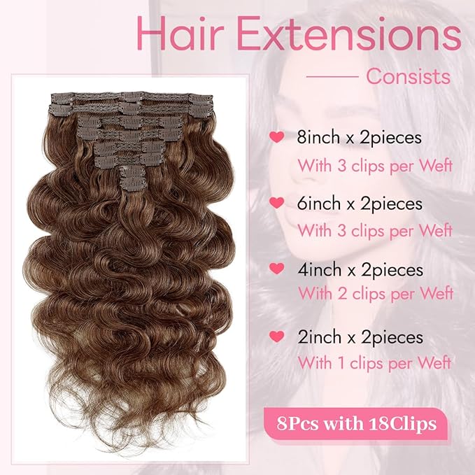 Clip in Hair Extensions Real Human Hair Body Wave 4 Chocolate Brown Clip in 100% Brazilian Remy Human Hair Extensions 8pcs Per Set with 18 Clips Double Weft 22 Inch 110g/3.6oz