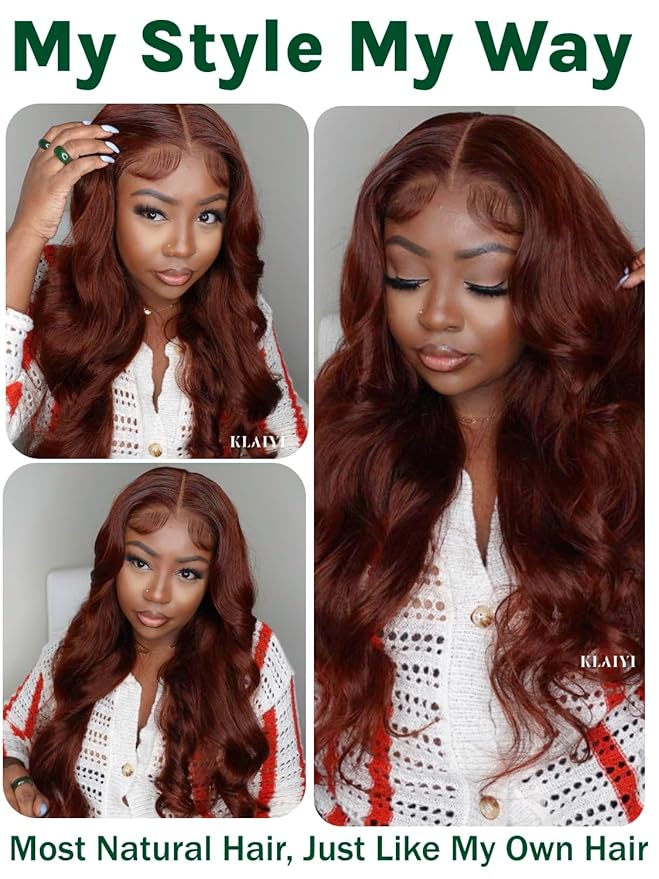 KLAIYI Bye Bye Knots Glueless Wig Reddish Brown Body Wave 7x5 Pre Cut HD Lace Front Wigs Human Hair Put On And Go Wig Pre Bleached Pre Plucked with Baby Hair 30S Ready To Wear 150% Density Full 26Inch
