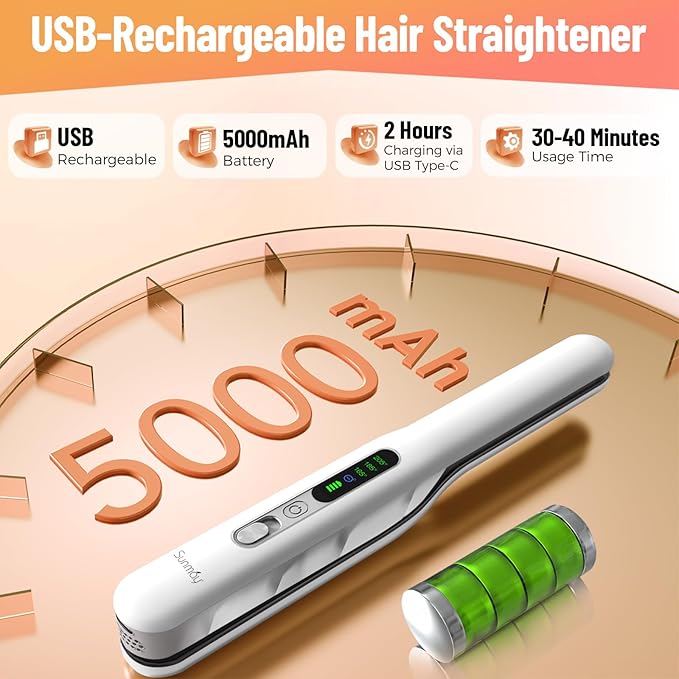 Cordless Hair Straightener, SUNMAY 2-in-1 Titanium Flat Iron Curler with Negative Ion, Dual NTC Temperature Control, 20s Fast Heat-Up, 3 Heat Settings, USB Rechargeable Portable Travel Straightener