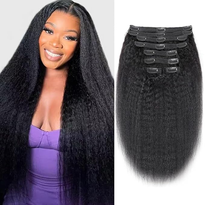 Clip in Hair Extensions Real Human Hair 8Pcs Kinky Straight Brizalian Human Hair Clip ins for Black Women, Natural Soft 120g 26inch #1B Natural Black