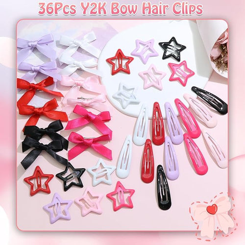 36Pcs Pink Mini Bow Hair Clips 6 Color Water Drop No Slip Hair Clips for Women White Star Snap Hair Barrettes Black Small Hair Bows Star Bowknot Hair Accessories for Girls