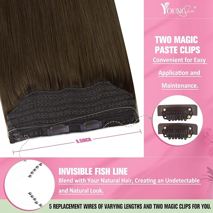 YoungSee Wire Extensions Real Human Hair Brown Wire Hair Extensions Real Human Hair Brown Fish Line Hair Extension for School 80g 16 Inch