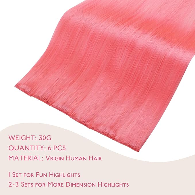 WENNALIFE Light Pink Clip in Hair Extensions Real Human Hair 35g 6pcs 14 Inch Colored Hair Extensions for Kids Women Colorful Hair Pieces Pop-up Style Straight Extensiones De Cabello Humano Con Clip