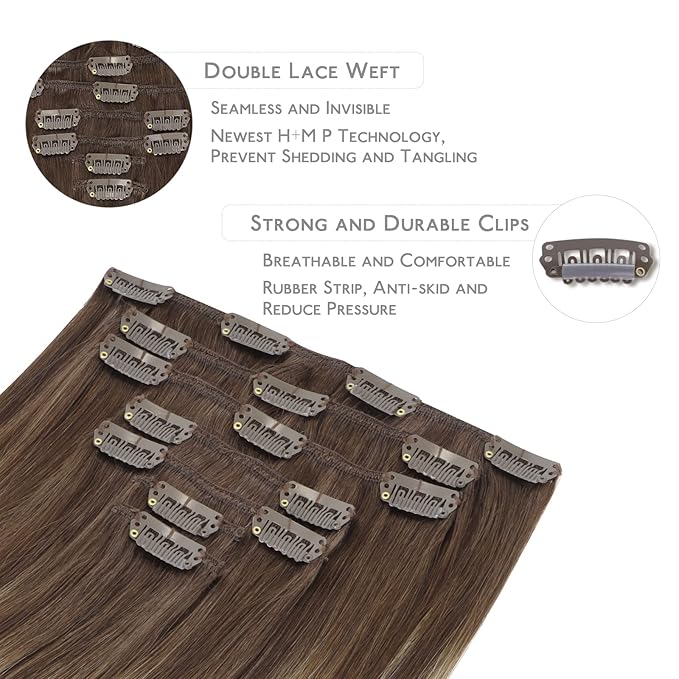 WENNALIFE Clip in Hair Extensions Real Human Hair, 22 Inch 120g 7pcs Balayage Chocolate Brown to Honey Blonde Hair Extensions Clip in Human Hair Remy Clip in Hair Extensions Real Human Hair