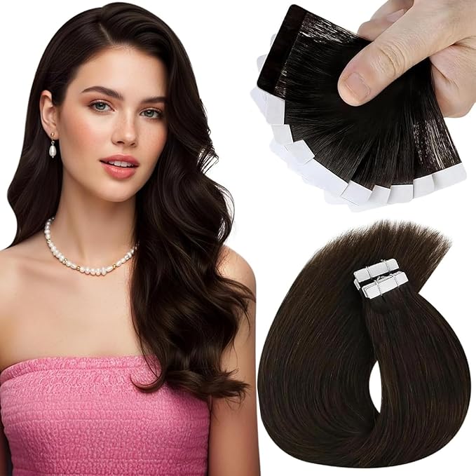 Sunny Hair Tape in Hair Extensions Real Human Hair Invisible Remy Hair Extensions Tape ins for Women Darkest Brown 12 inch 20G