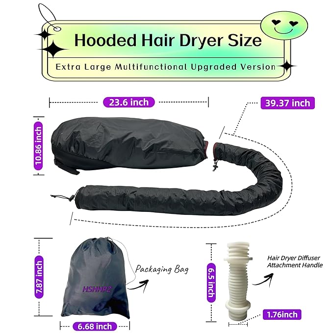 Hooded Hair Dryer for Curly Hair, Large Adjustable Blow Dryer Cap, Portable Hair Dryer Bonnet Attachment, Soft Diffuser for Fast Drying & Deep Conditioning, Headband Integrated Design (black)