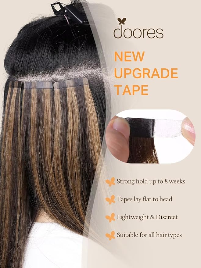 DOORES Real Human Hair Extensions - Mocha Brown, 26 Inch, 40pcs 120g Tape in Straight Remy Hair, Skin Weft