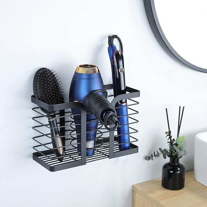 YIGII Hair Dryer Holder - Hair Tool Organizer 3-in-1 Blow Dryer Holder Adjustable Height, Bathroom Organizer Wall Mounted/Cabinet Door for Flat/Curling Irons, Hair Straighteners