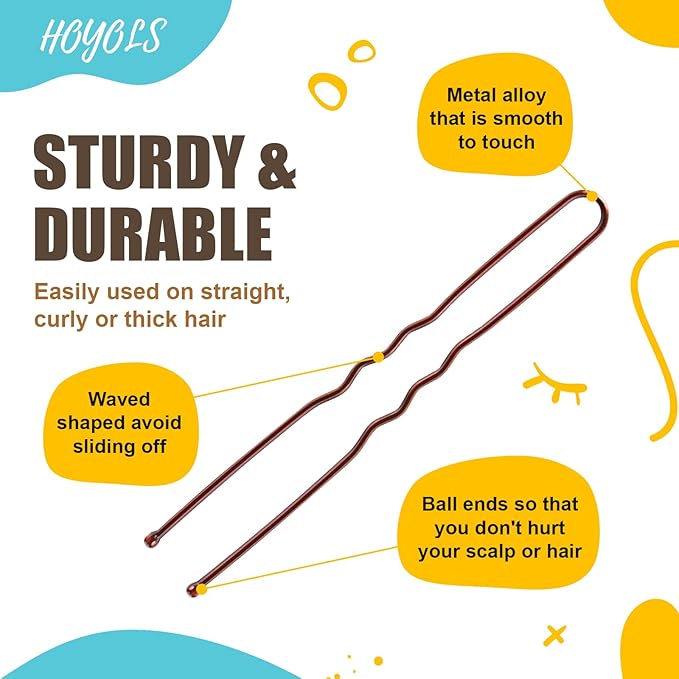 HOYOLS U Shaped Assorted Size Hair Bobby Pins, Metal Bun Clips Hairpin Crimped Design with Ball Tips for Women Girls Grips Hairstyle, 150 Count Bulk Pack (Brown)