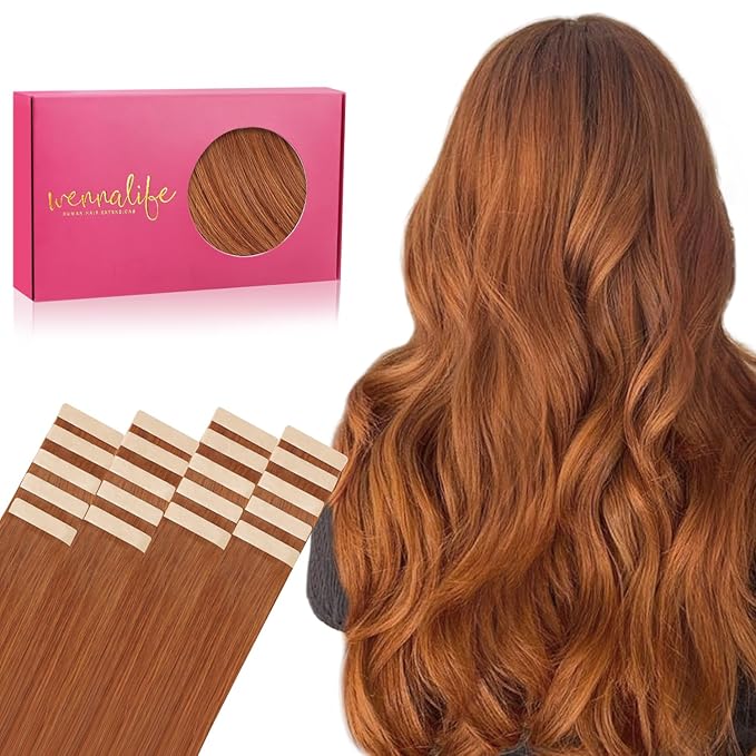 WENNALIFE Tape in Hair Extensions Human Hair, 20pcs 50g 16 inch Dirty Ginger Remy Hair Extensions Straight Human Hair Tape in Extensions