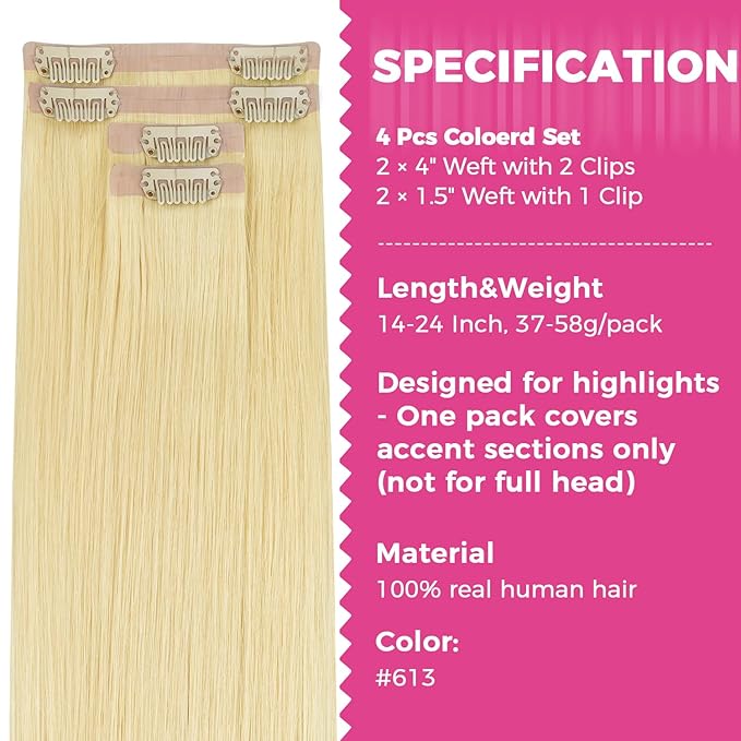 Lashey Clip in Hair Extensions Real Human Hair 4pcs 58g 24 Inch Straight Seamless Clip in Hair Extensions Human Hair Highlights #613 Blonde